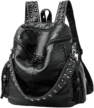 Hycurey Womens Stylish Rivet Backpack Washed Multi Pocket Knotted Zipper Soft Leather Bag Trendy Travel Daypack Satchel Purse