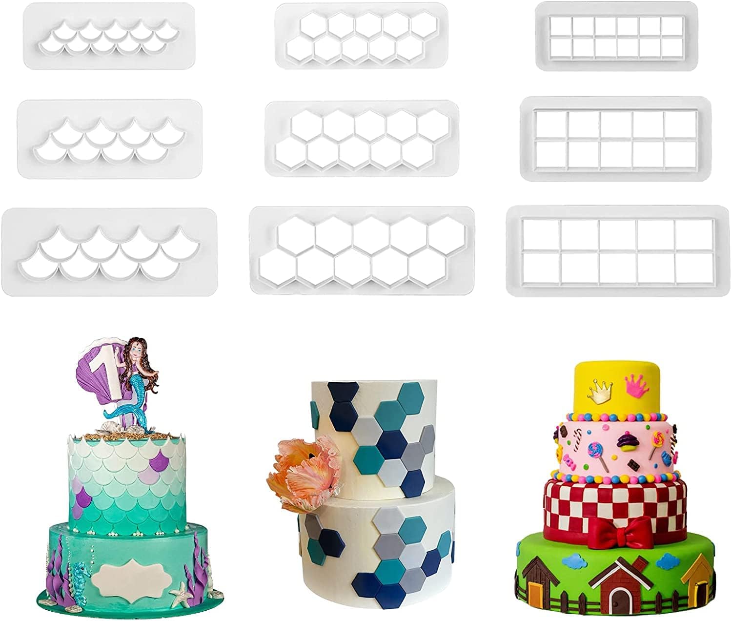 Plastic Geometric Fondant Mold Cookie Clutters for Birthday Cake Decoration in Shape of Square and Hexagon Mermaid Pattern Cutters Scale (Set of 9 Pcs)(Color: White)