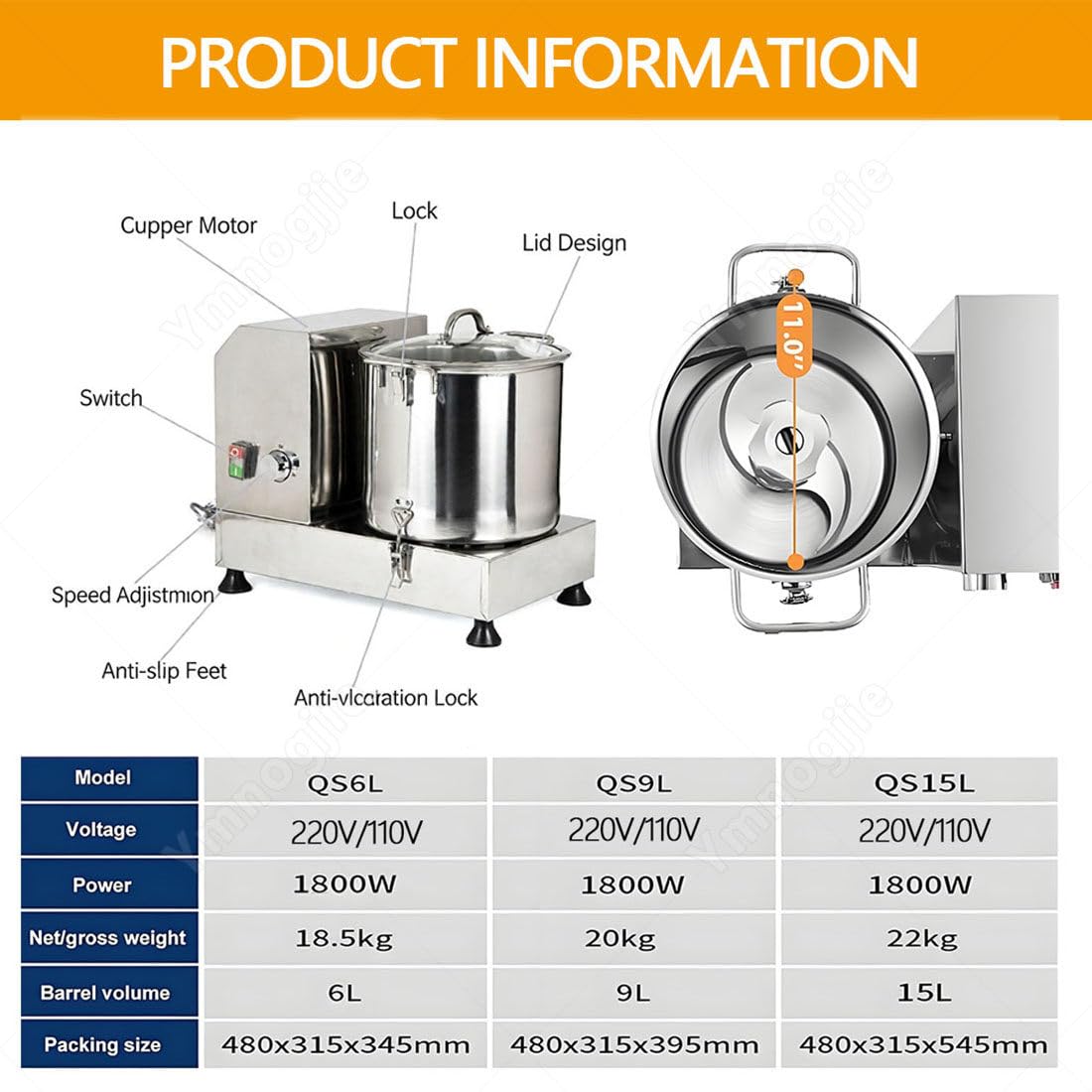 Picadora Verduras Comercial,1800W Procesador Alimentos 6L