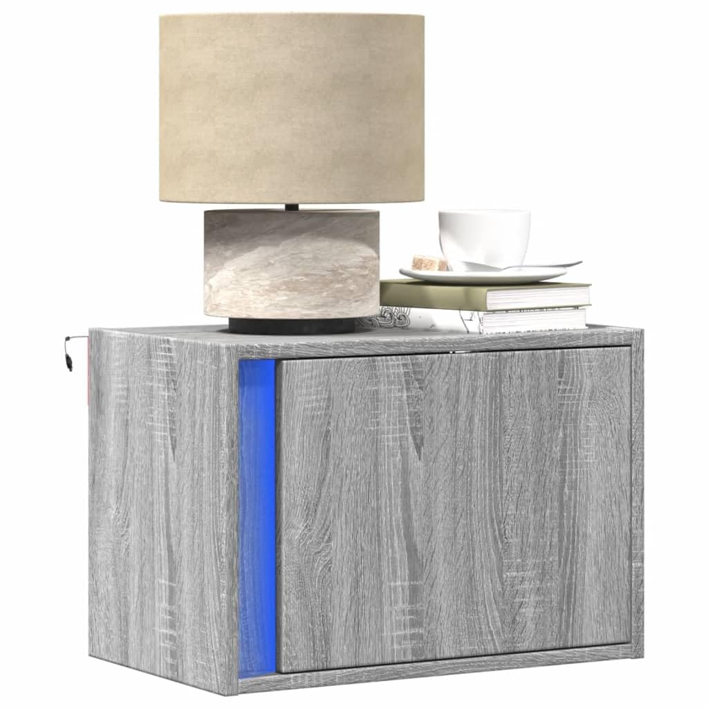 Wandmontage Nachttisch mit RGB LED Beleuchtung und USB Anschluss - Holzwerkstoff Nachttisch mit Schublade, Platzsparendes Schlafzimmer Möbel für Wohnraum