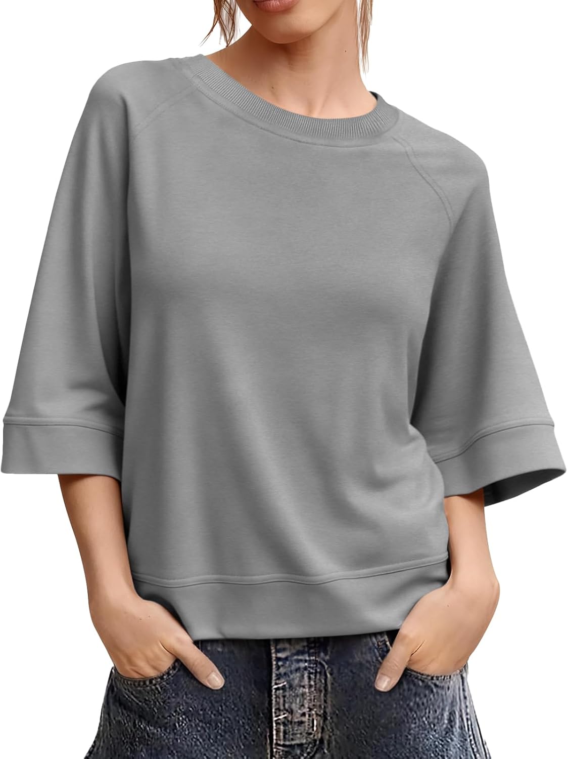 Tankaneo Womens Oversized Half Sleeve T-Shirts Crew Neck Boxy Basic Tees Tops Summer Casual Loose Fit Tunic Shirts