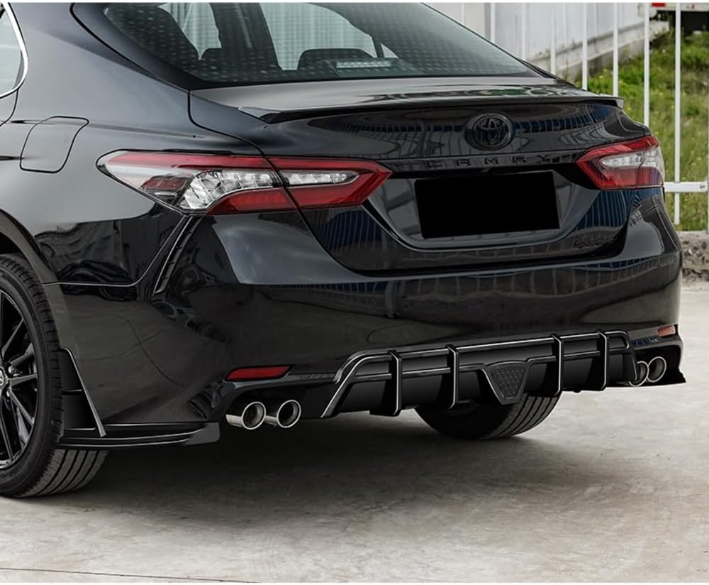 W-POWER, Rear Diffuser Compatible with 2018-2024 Toyota Camry SE XSE, Black PU Add-On Rear Bumper Lip Diffuser Spoiler Splitter Kit with Brake Light (Painted Black + Smoke LED)