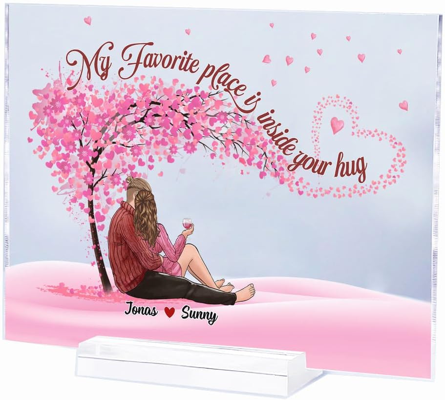 GOSSBY Transparent Custom Plaque (Couple) My Favorite Place is inside your hug Custom Couple Plaque Gift for Her, Acrylic Plaque Couple Gift, Personalized Gift for Him New Year Gift, Customized Couple