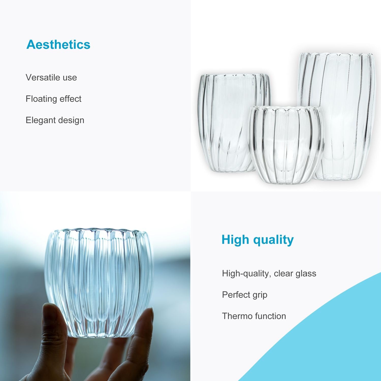 Intirilife 4x szklanki termiczne z podwójnymi ściankami - styl prążkowany -pojemność 190 ml- dmuchane, izolowane szklanki do cappuccino latte - odporna na ciepło szklanka do kawy i herbaty bez uchwytu