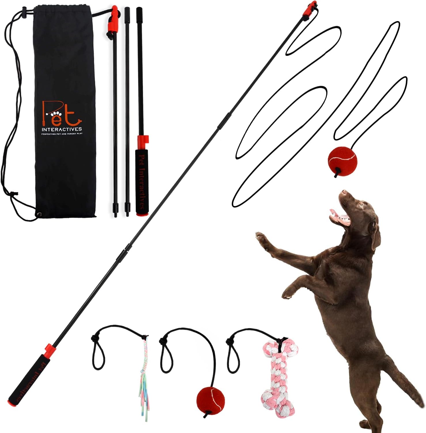 PET Wrangler 2.0 - Upgraded Flirt Pole for Dogs, Interactive Dog Toy with Reinforced 50" Pole &10ft Cord, Creates Extended Play Area, 3 Changeable Lures for Training, Exercise, & Enrichment