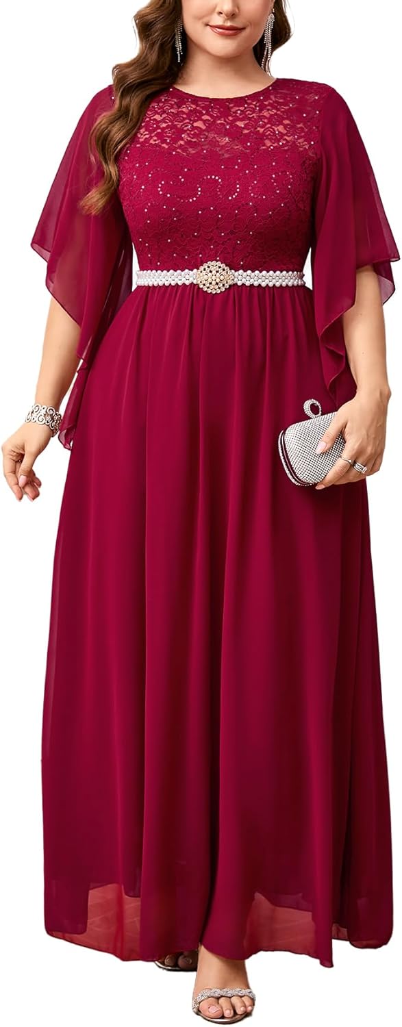 ZOMVA Plus Size 0X-4X Formal Dress Sequin Lace Chiffon A-line Maxi Dress Handkerchief Sleeve Evening Wedding Guest Prom Gown