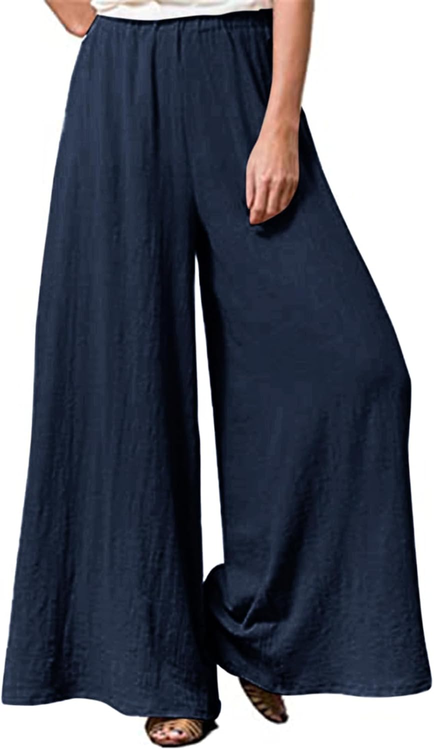 Womens Plus Size Linen Pants Wide Leg Palazzo Trousers High Elastic Waist Flowy Culottes with Pockets
