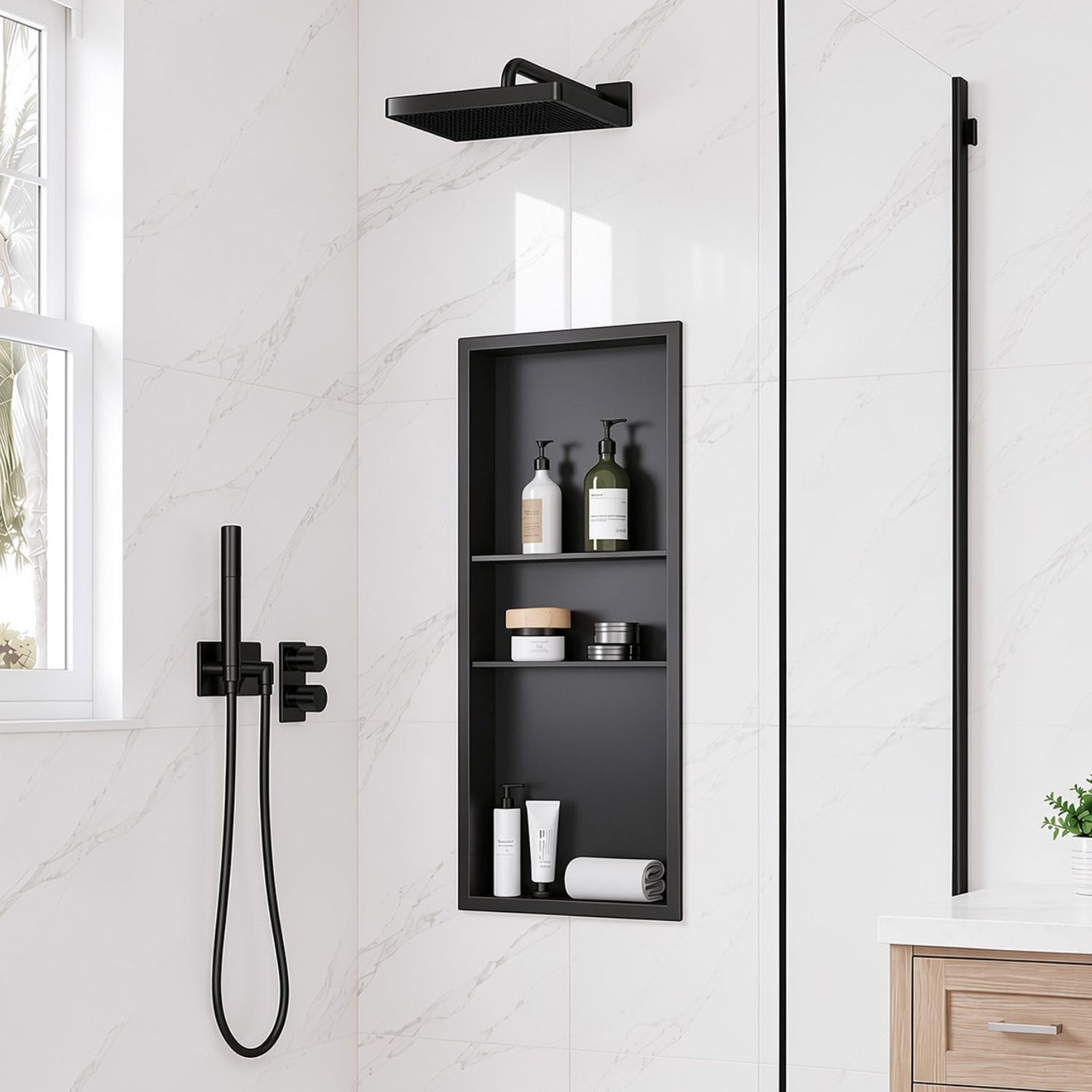40 x 16 Inch Stainless Steel Shower Niche, No Tile Needed Wall Niche with 3- Tier Shelves, Recessed Wall Niche Insert for Bathroom Shower Kitchen Storage, Matte Black