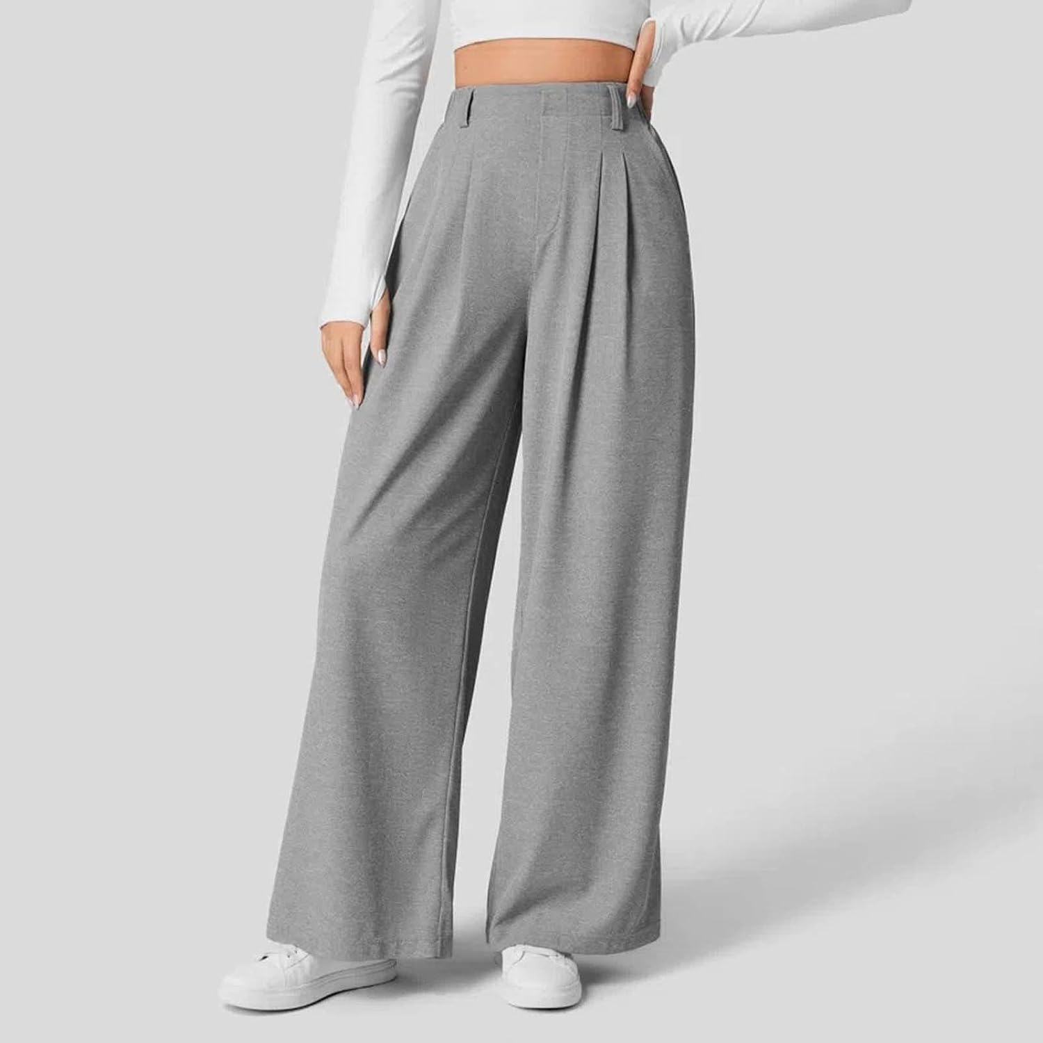 Women's Wide Leg Pants High Waisted Waffle Knit Casual Slacks Work Pants Business Palazzo Trousers with Pockets