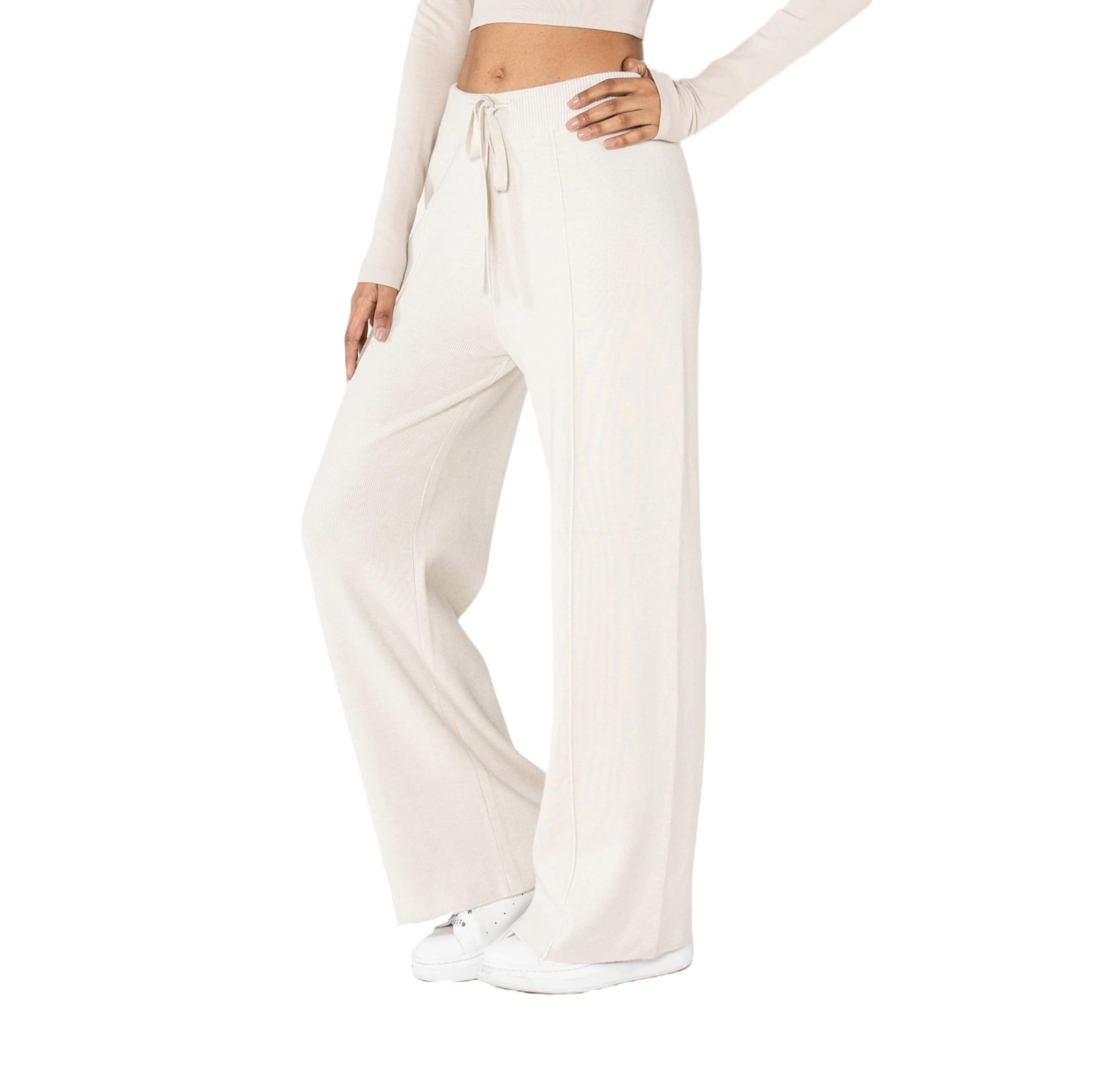Nina Carter F025 Damen Strickhose – Gestrickte Freizeithosen Bequeme Hose mit Ausgestellter Beinform Elastischem Bund Verstellbarem Kordelzug