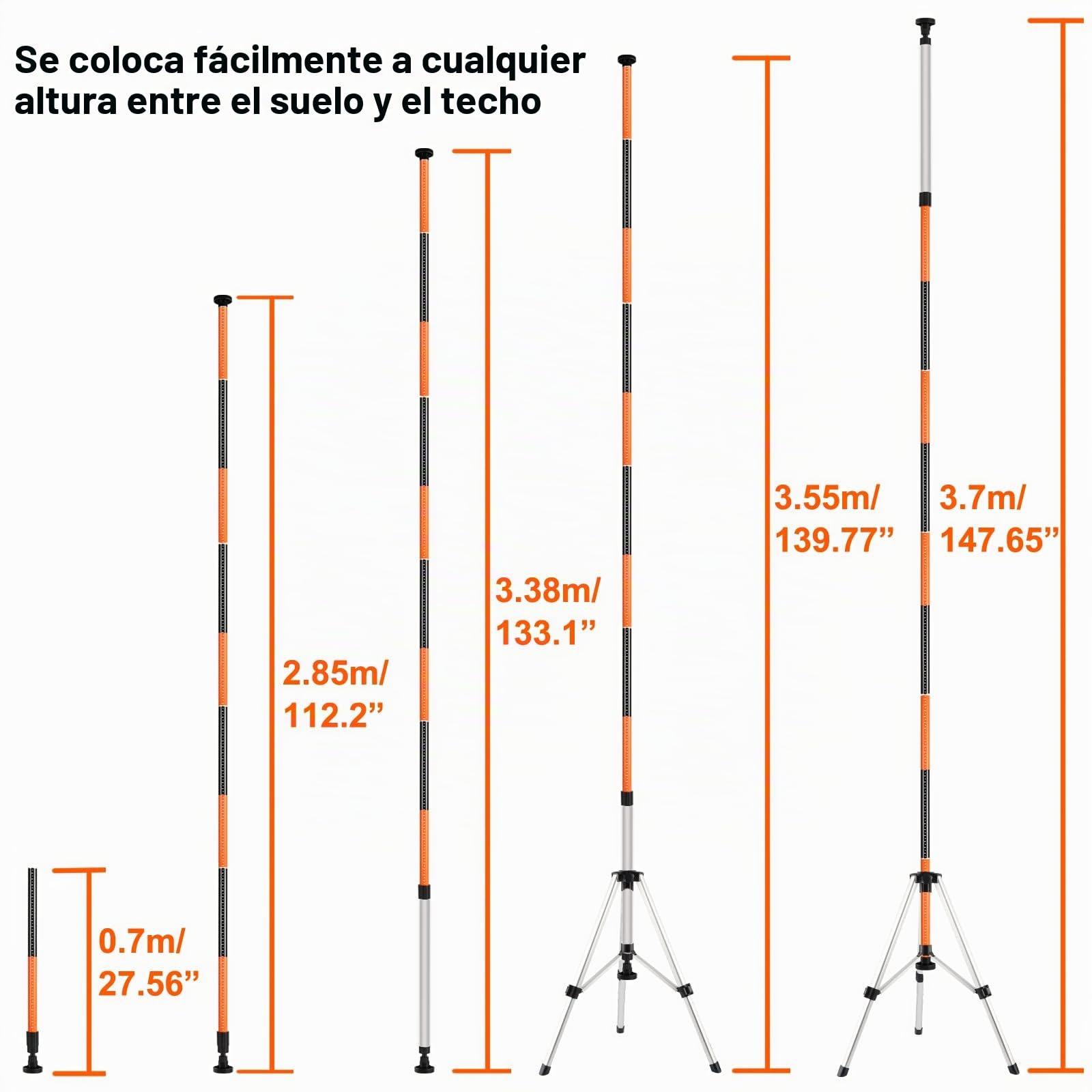 KEZERS Poste de nivel láser ajustable de 12 pies/3,7 m con trípode, Poste de montaje láser de 1/4”-20 pulgadas para niveles láser giratorios y de línea, poste láser con adaptador roscado de 5/8"-11