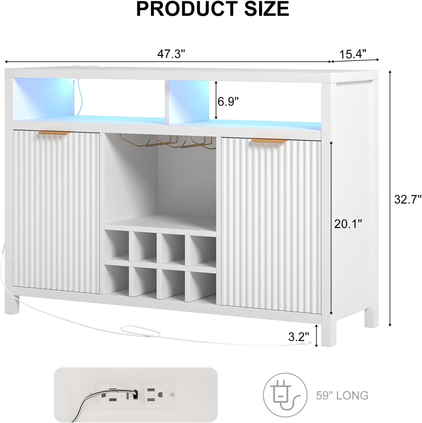 Fluted Wine Cabinet with LED Light, Charging Station, and Wine Rack - Stylish Buffet Cabinet for Modern Home Kitchen and Coffee Bar Storage