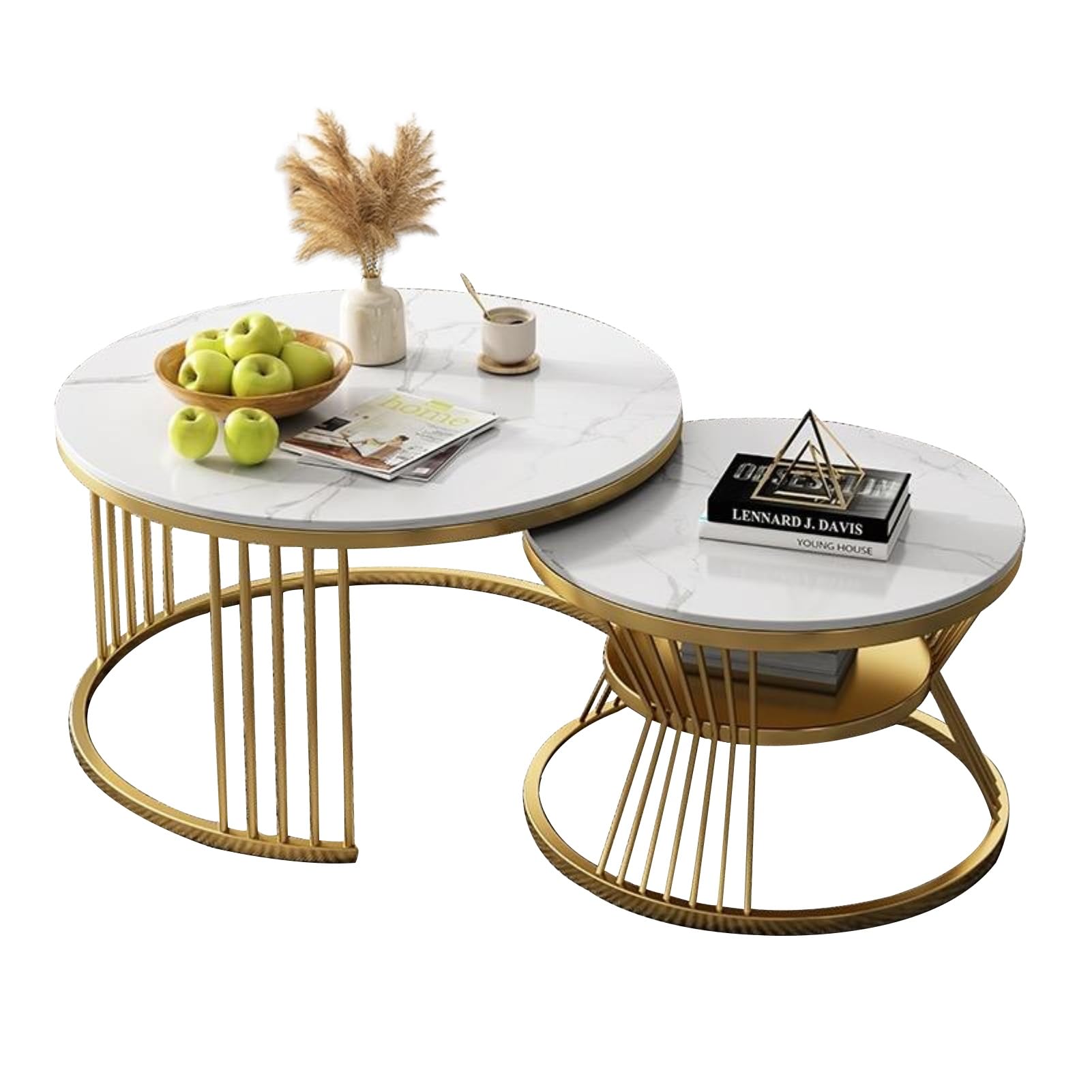 GERAZAHO Modern Round Marble Coffee Table Set, 2-Piece (80cm+60cm) Nesting Tables with Metal Frame, Living Room Sofa Accent Table, Elegant Minimalist Side Tables Gold