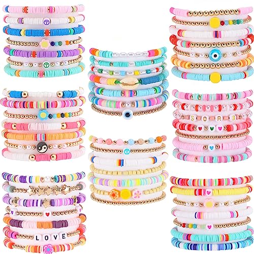 WAINIS 56 Pcs Surfer Heishi Clay Bead Bracelets for Women Bohemian Stackable Beaded Stretch Bracelets Elastic Layering Friendship Bracelets Set Boho Jewelry Singer Music Inspired Album Bracelets