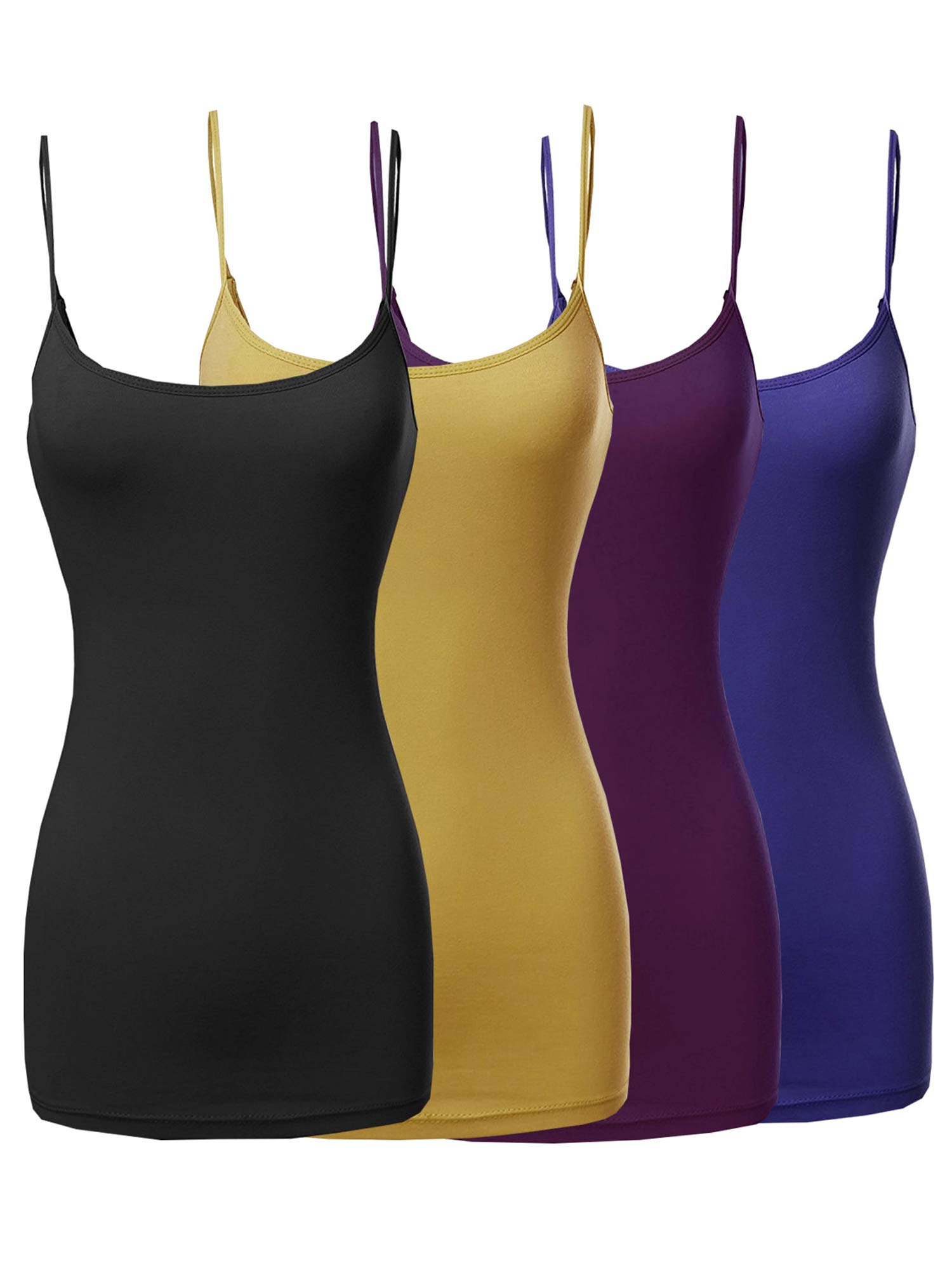The Lovely Womens Juniors Basic Solid Long Length Adjustable Spaghetti Strap Tank Top 4PK - Black Mustard Purple