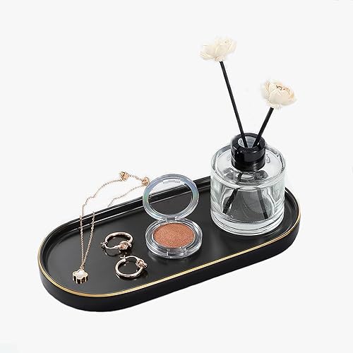 Luxspire Bandeja de tocador de baño, plato de cerámica para joyas con borde dorado, bandeja decorativa para encimera, fregadero, organizador de