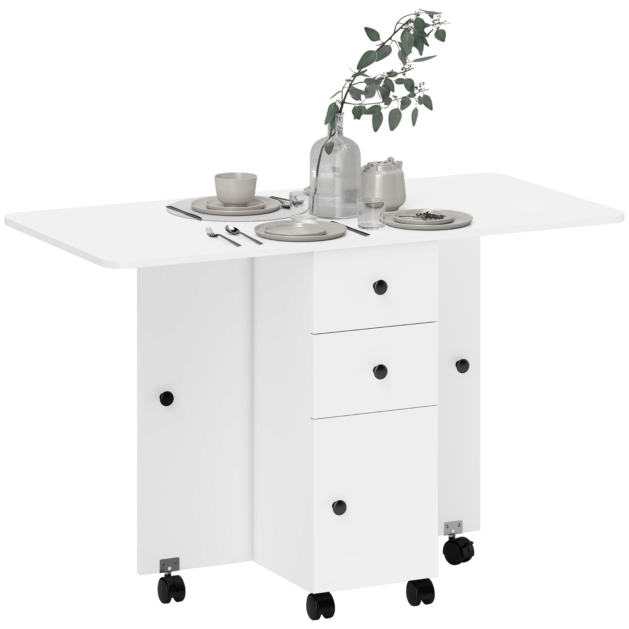 HOMCOM Folding Dining Table for 4-6, Rolling Drop Leaf Table on Wheels with Storage Drawers, Cabinet and Open Shelf for Kitchen, Dining Room, White