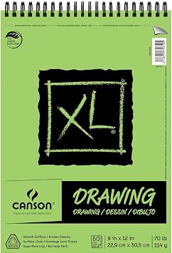 Canson XL Series Drawing, 9" x 12", Green | White, 70 lb. 114gsm, Wire Top Bound, Great for Colored Pencil, Graphite, Charcoal, Pastel, and Pen/Ink