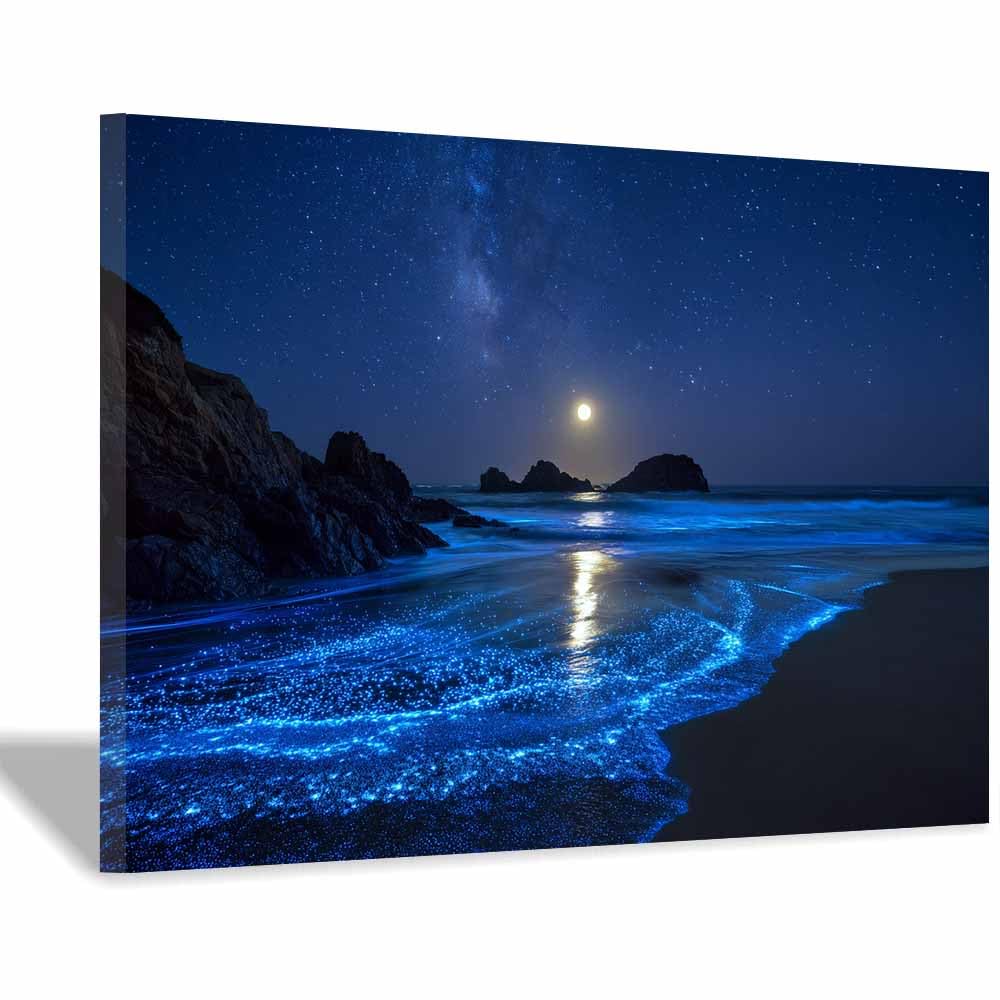 HOQIU Beautiful wall art Moonlit Glowing Shore canvas artwork for wall, art prints, For living room, bedroom, bathroom, dining room, painting and decor.(Multicolor)-60x80cm Framed