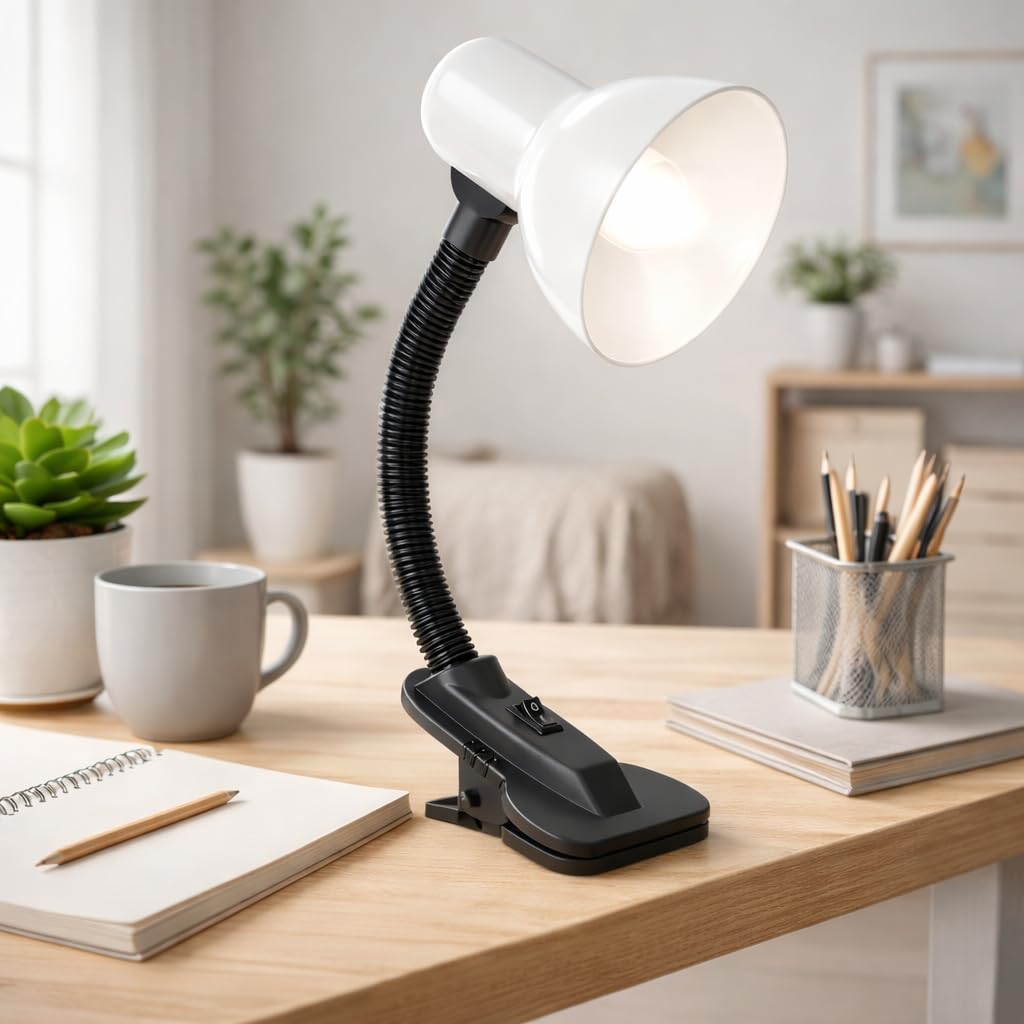 Burakh White-Style 2 Simple Design Study Desk Lamp Flexible Neck E27 40W Table Lamp Without Bulb For Studying Book Reading - Desk Light Toggle Switch-Home Light (White-Style 2)