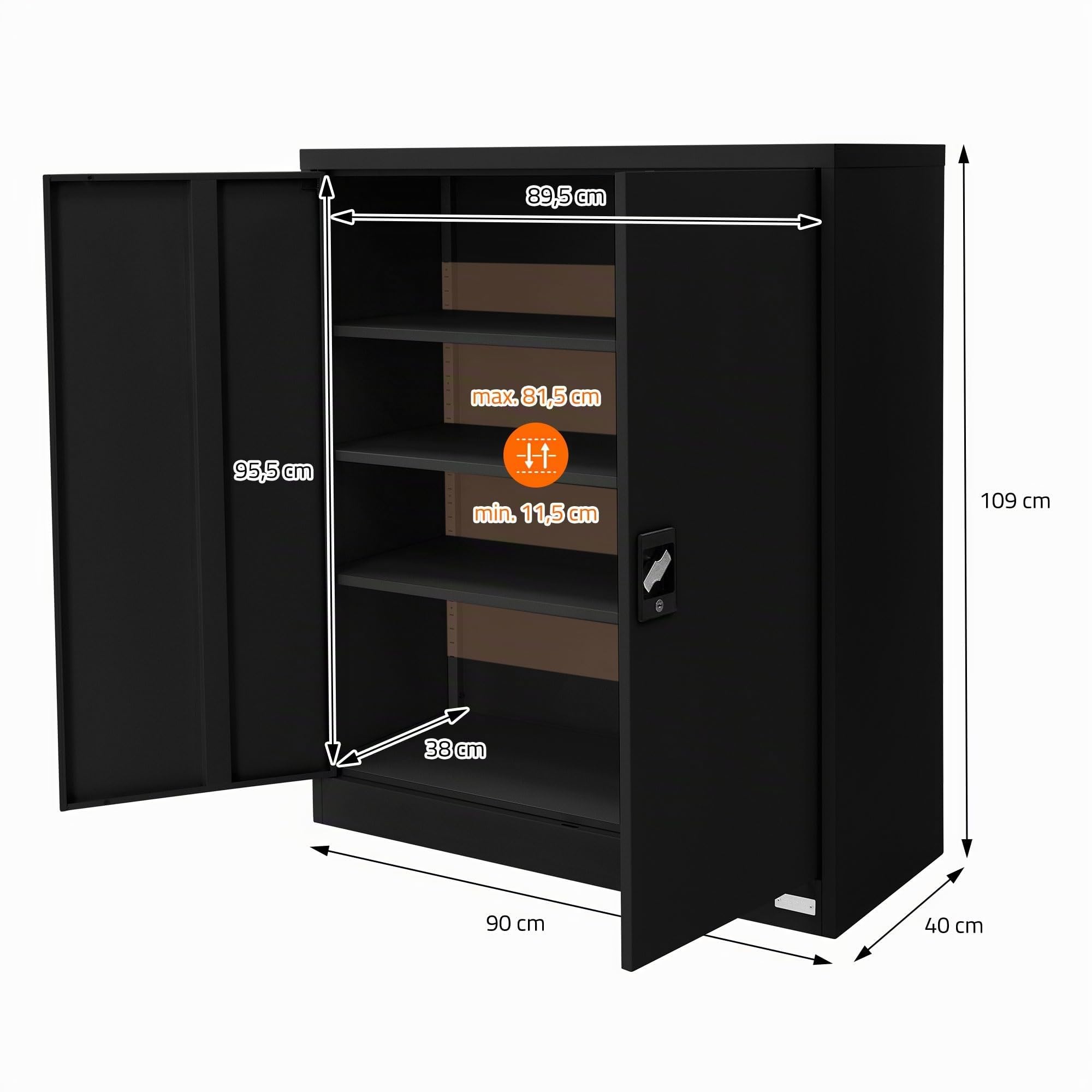 ML-Design Armadio per Archiviazione con Serratura Nero 90x40x109 cm Acciaio Schedario 3 Ripiani Regolabili in Altezza Armadio per Ufficio a 2 Ante Mobiletto Portadocumenti Armadietto Schedario