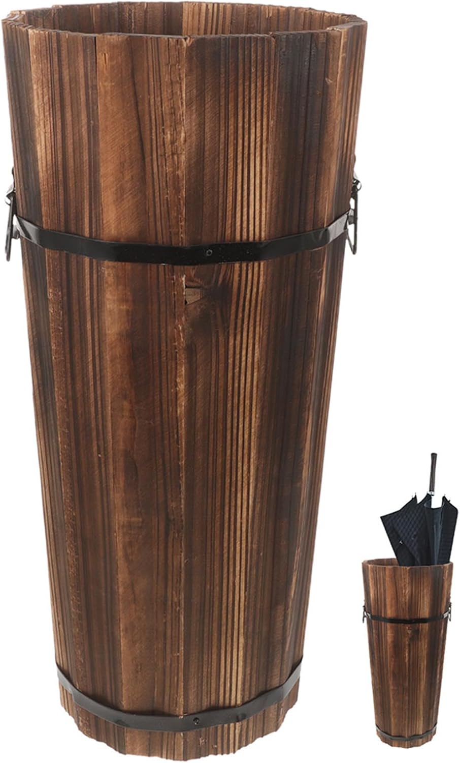 Tall Wooden Umbrella Stand Hollow Design and Multi-Compartment Storage Bucket for Entryway