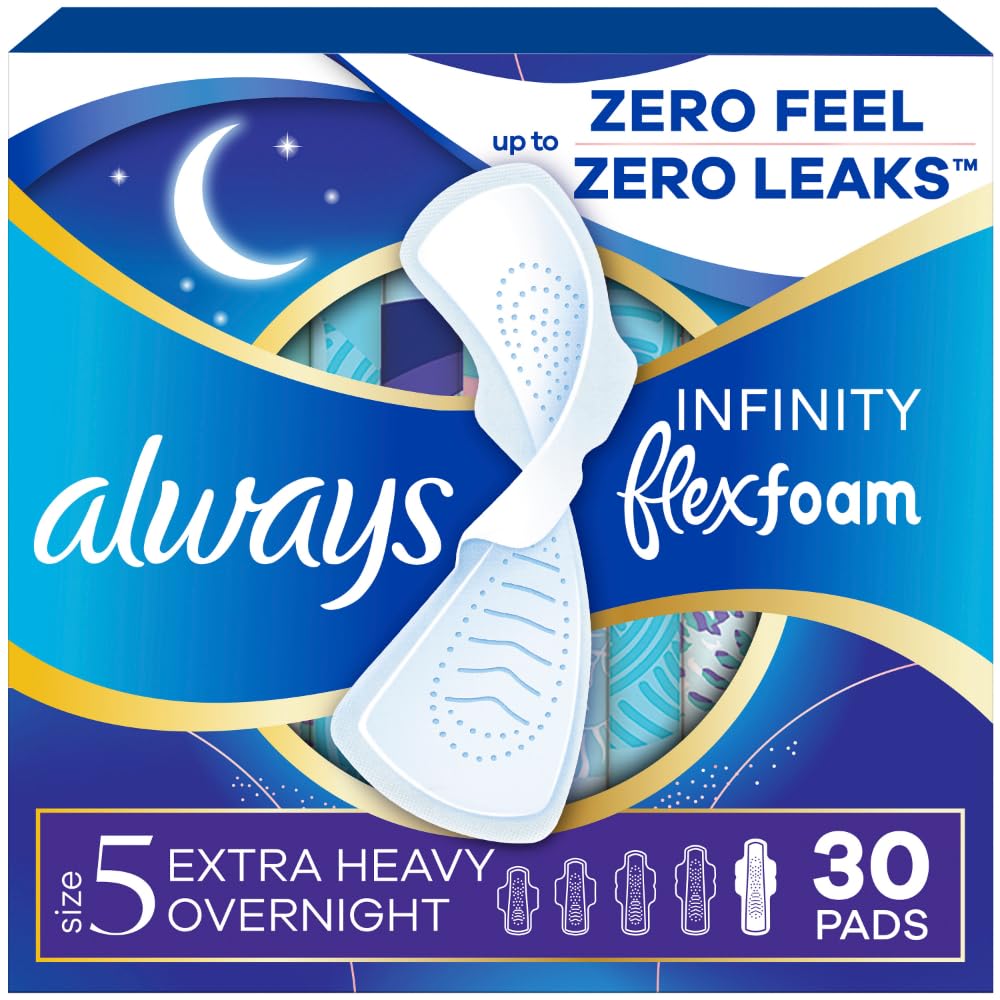 Always Infinity Feminine Pads for Women, Size 5 Extra Heavy Overnight, with wings, unscented, 30 Count