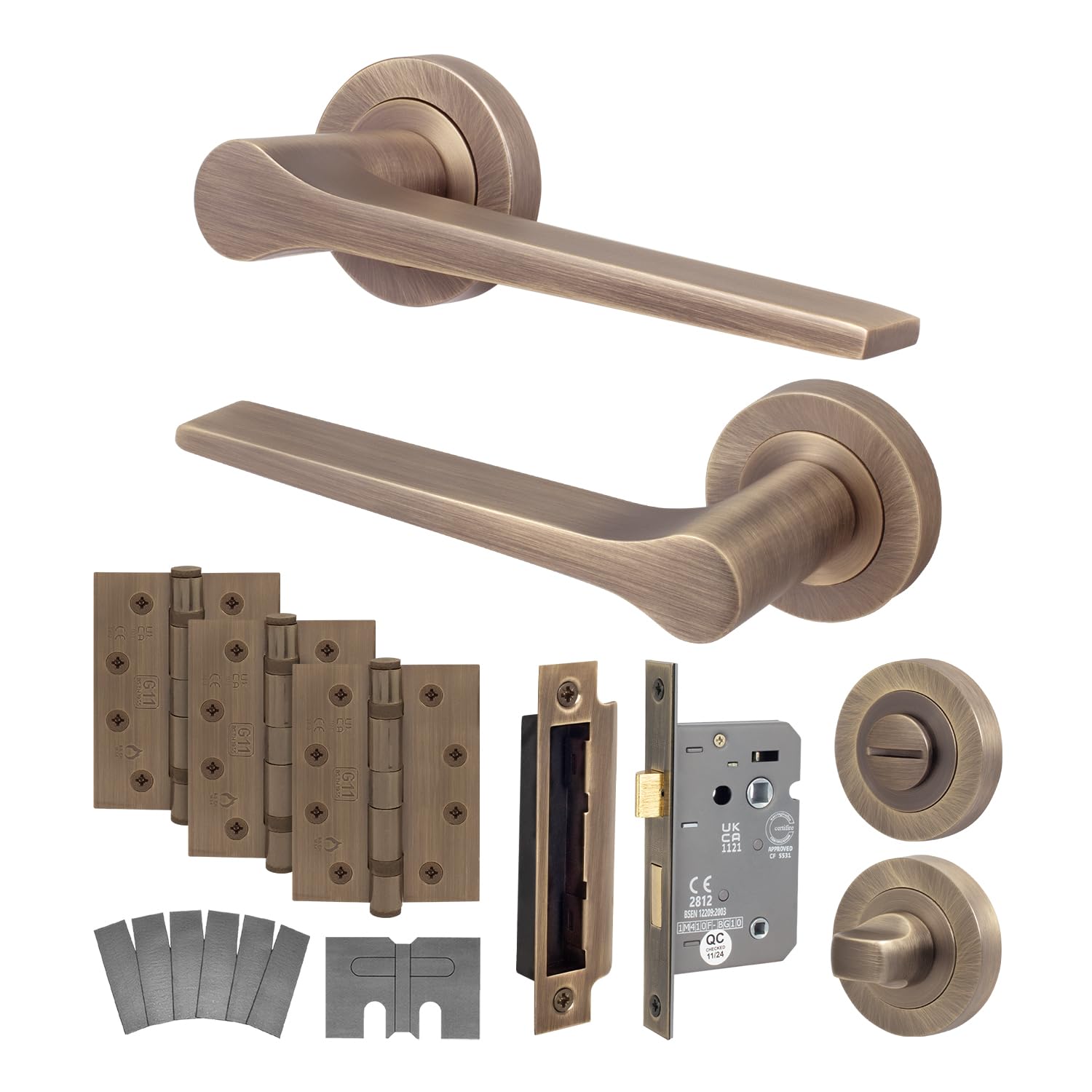 Eai Antique Brass Fire Door Handle Bathroom Set, Internal Fire Rated Door Handle With 80Mm Bathroom Lock And 102Mm Hinges, Tarna Range 1 Pack