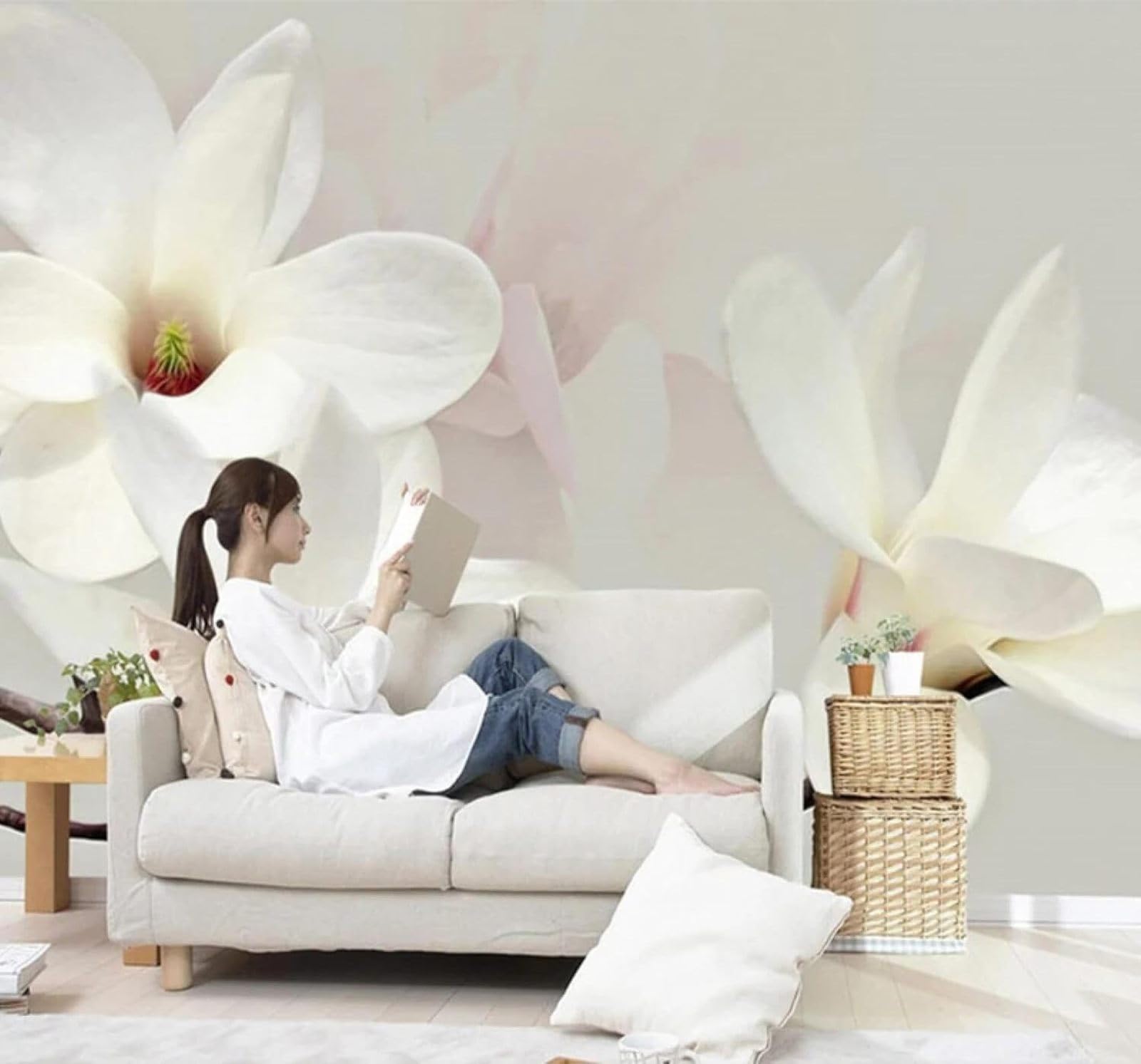 XLMING Simple Three Dimensional Beautiful White Magnolia 3D Wallpaper Silky Texture Home Study Office Grey Dining Room Sofa Bedroom Living Room TV Backdrop-250cm×170cm