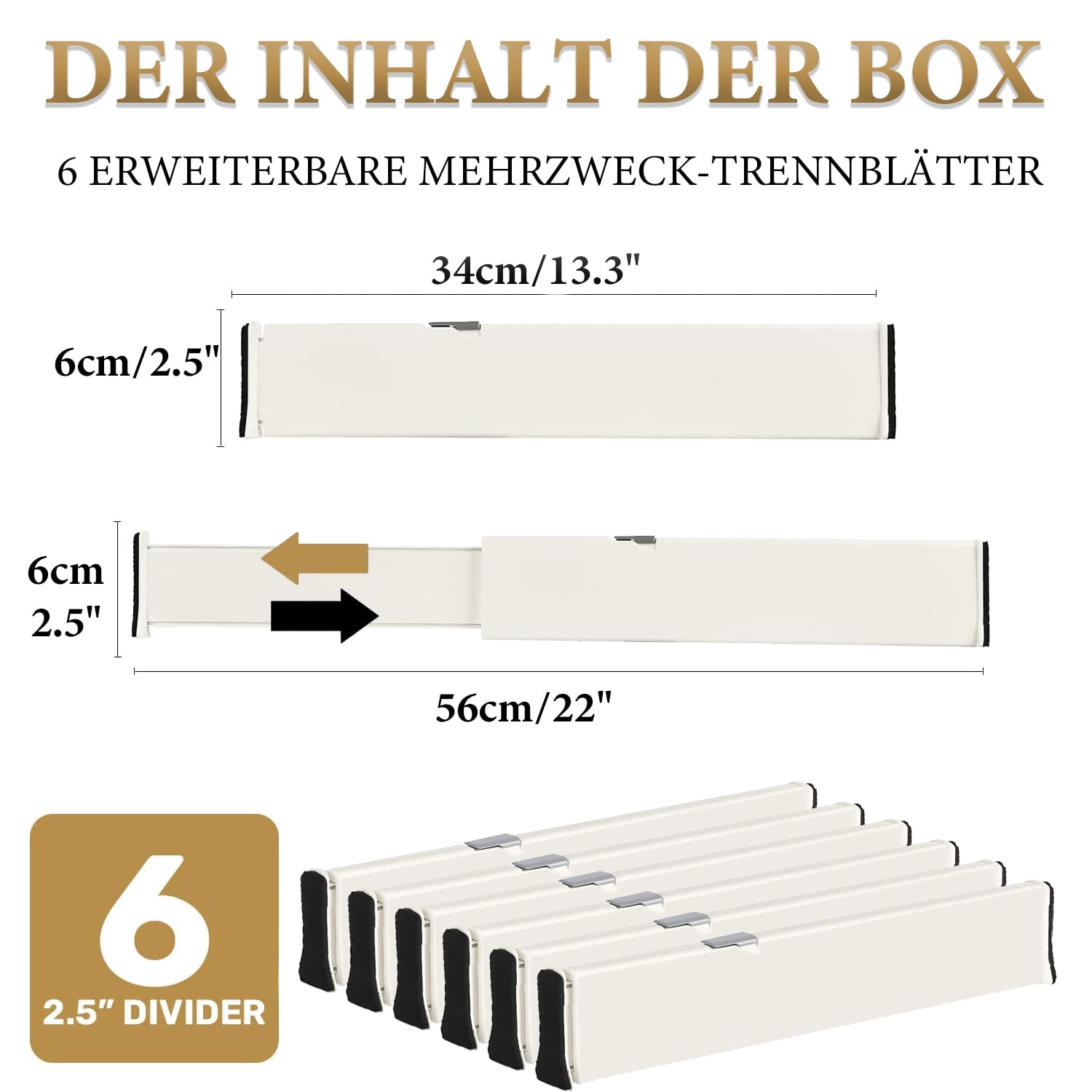 SENENQU Divisori per Cassetti 6 Pezzi Regolabili Bianchi 34-54 Cm | Separatori per Cassetti, Organizer Cucina, Bagno, Armadio e Intimo 6 cm in PP per Casa e Armadio