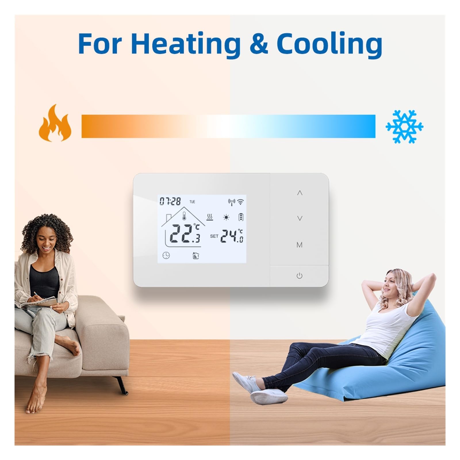 Thermostat Intelligent, Thermostat de Chauffage à Batterie, contrôleur température Chauffage/Refroidissement Wi-FI for chaudière gaz(Zwart)
