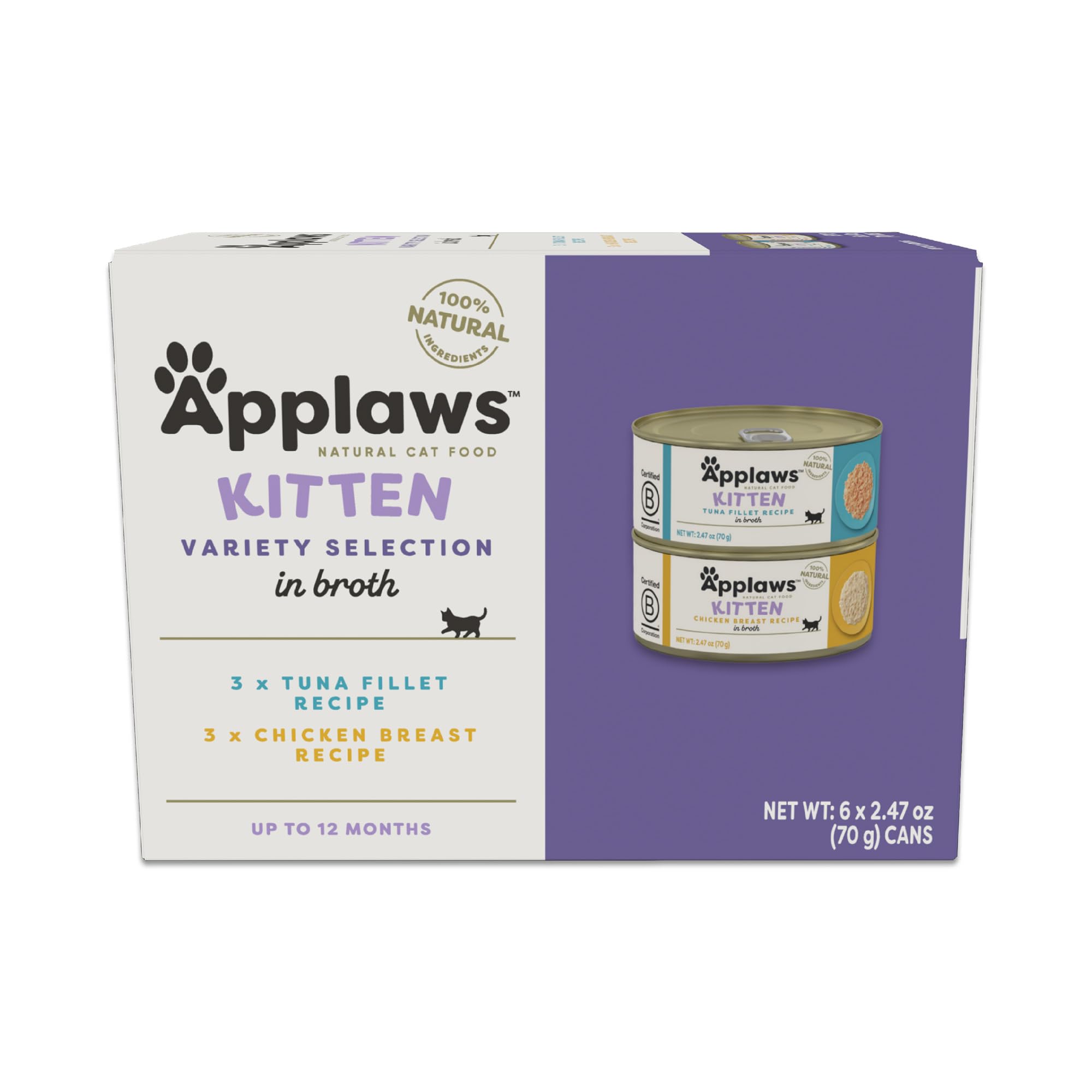 Applaws Natural Wet Kitten Food, Limited and Natural Ingredients, High Protein with No Artificial Additives, Kitten Variety Selection in Broth (6 x 2.47oz Cans)
