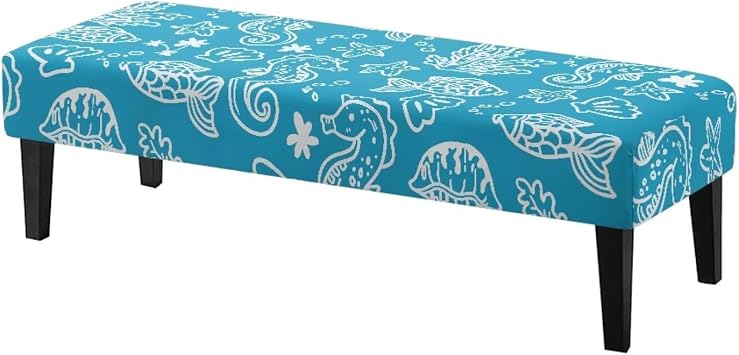 Bench Seat Covers Dining Bench Cover Blue Jellyfish Sea Horse Print Breathable Anti-Slip Seat Cushion Slipcovers with Elastic Band for Bedroom Living Room