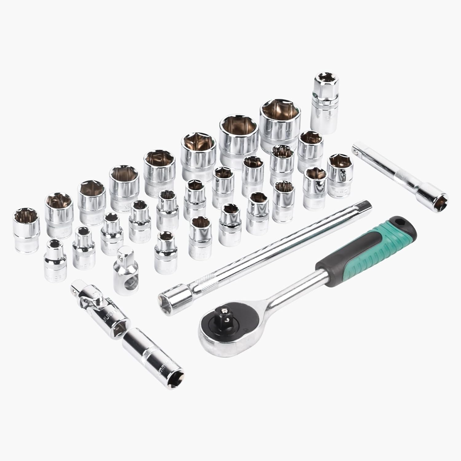 32pcs 1/2" Socket and Drive Tool Set Mechanics Tools Kit, Ratchet Sockets Set Metric Drive Socket Set, 1/2" Drive Sizes with Plastic Toolbox