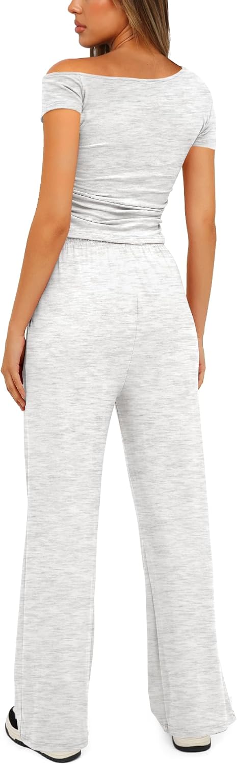 (Size S) Darong Women's 2 Piece Outfits Lounge Sets Off Shoulder Short Sleeve Tops and High Waisted Wide Leg Pants Tracksuit Sets Inseam(28.35''-29.13'') Small White Grey