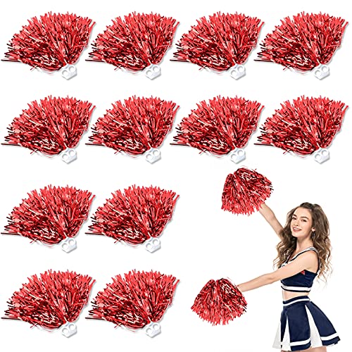 ToyaJeco 12 pompones de papel metálico para animadores, pompones de animadora de mano con anillo para dedos, flor de mano para niños, adultos, fiestas, deportes, equipo de animación de espíritu (rojo) Cover