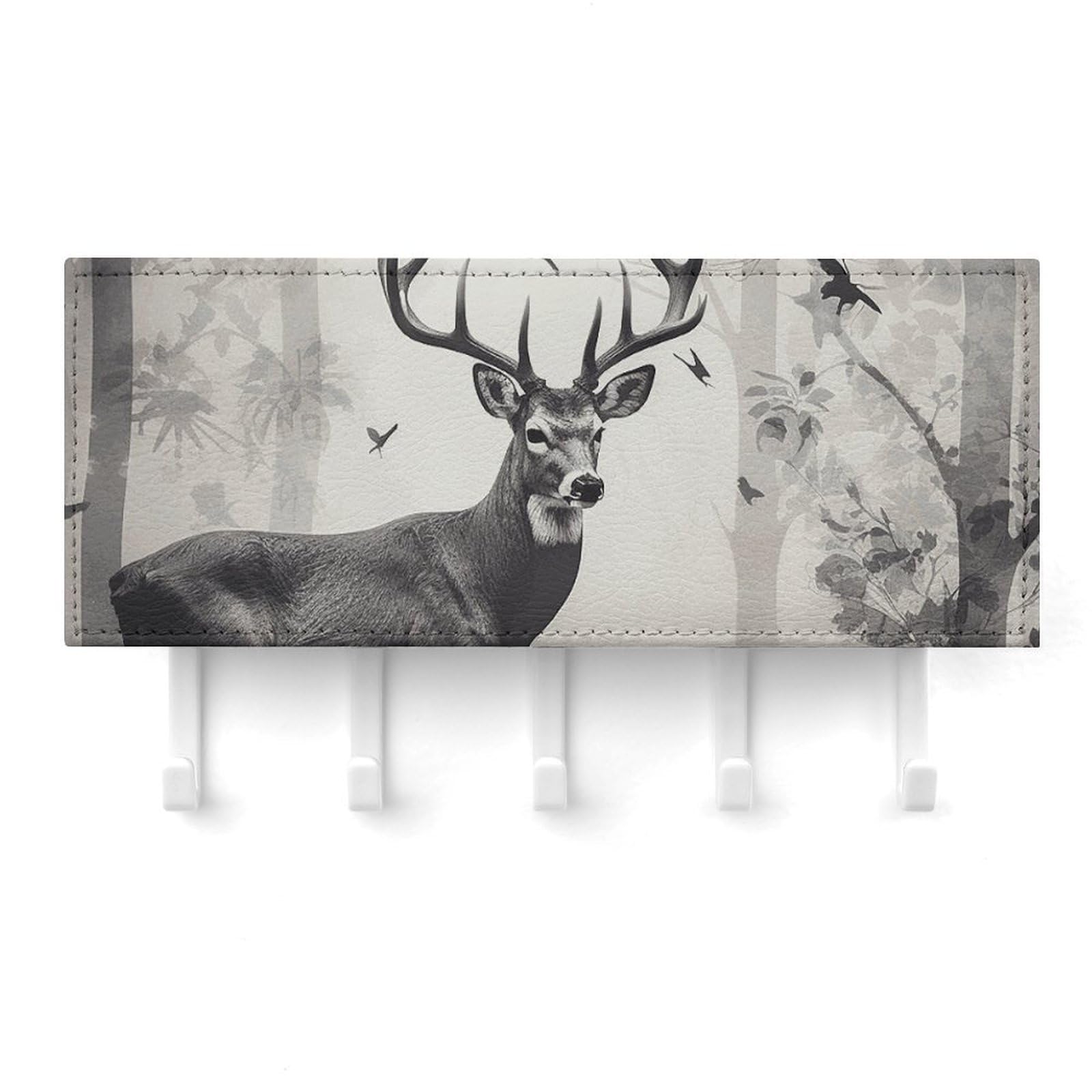 QMNLKH Hunting Silhouette of Deer Wall Mounted Key Rack for Home, No Drilling Key Holder with 5 Hooks, Self Adhesive Keys Chain Organizer for Hallway, Keys Hanger Shelf for Office, Doorway White