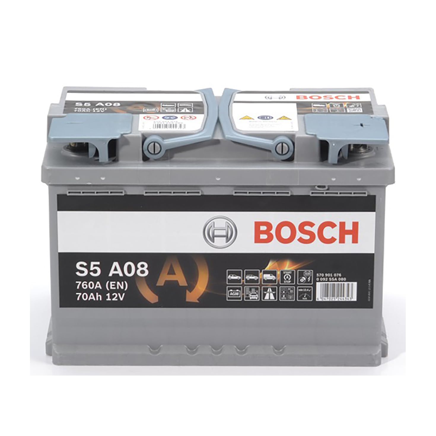 Bosch S5 A08 Autobatterie 70 Ah - 760 A - 12 V, AGM Blei-Säure-Batterie für Fahrzeuge mit Start-Stopp-Automatik und Bremsenergierückgewinnung - Polarität: links - rechts +, 278 x 175 x 190 mm