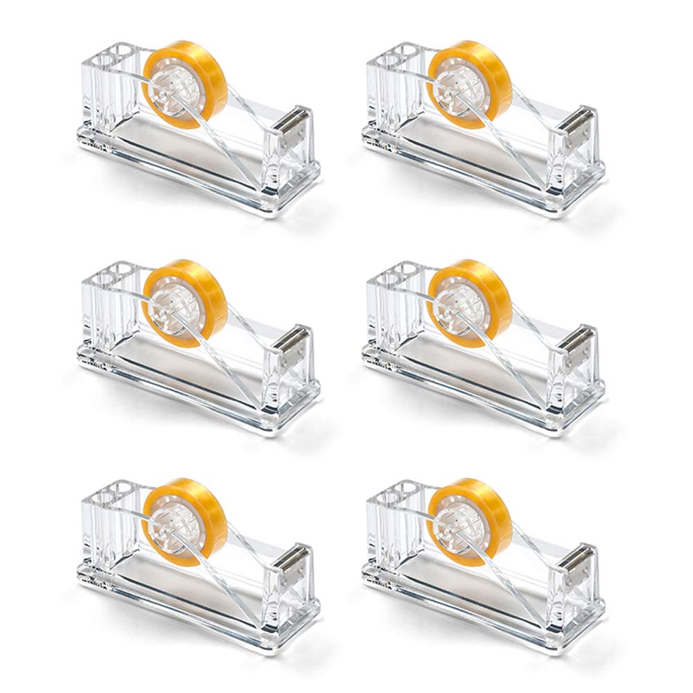 OSCO Clear Acrylic Tape Dispenser with Clear Adhesive Tape & Built-in 2 Pen Slots, Stylish Heavy-Duty Desk Accessory for Home Office, Modern Workstation, 6 Pack