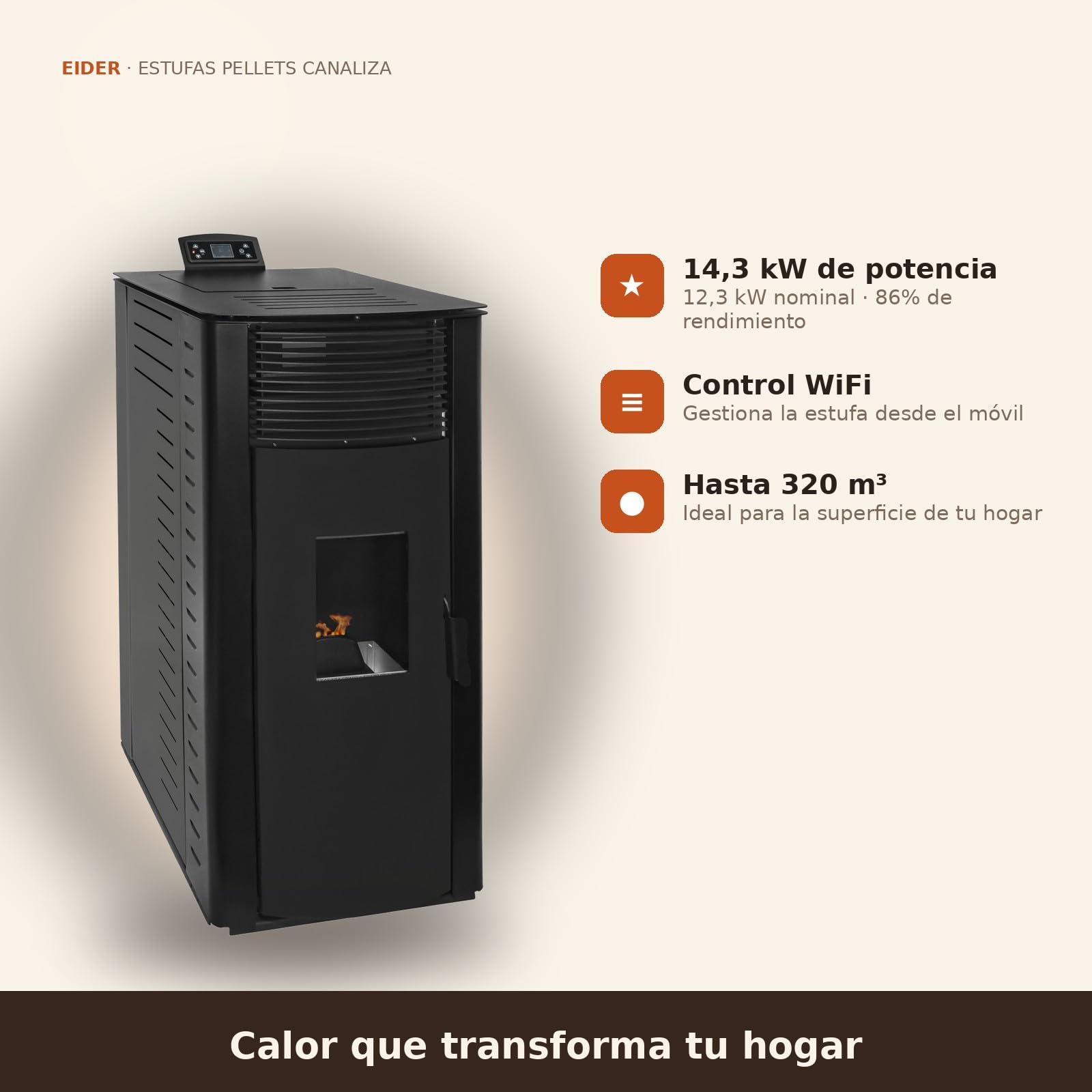 EIDER BIOMASA Estufa Pellets Canalizada GYDA – 14,95 kW – La Mayor Potencia – Hasta 340 m³ – Multiestancia – Tolva 15 kg – Programable – Clase A+