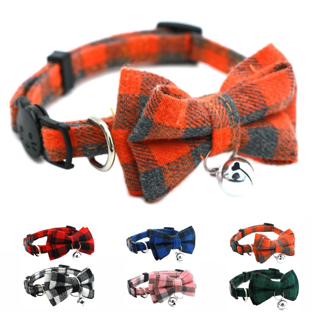 Orange Plaid Bowtie Cat Collar with Bell Breakaway Kitten Collar with Bells