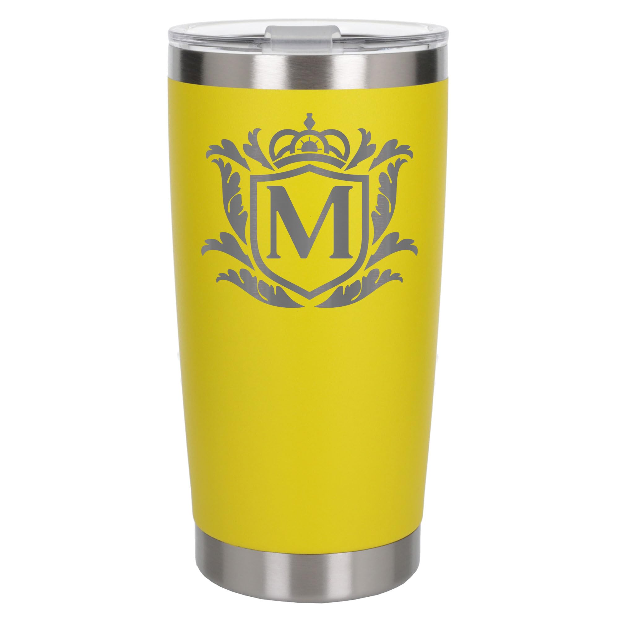 Customised Gifts 500ml Engraved Shield Initial Monogram Insulated Personalised Yellow Travel Mug for Men and Women - Personalised Initial Coffee Travel Mug for Hot and Cold Beverages, Letter M