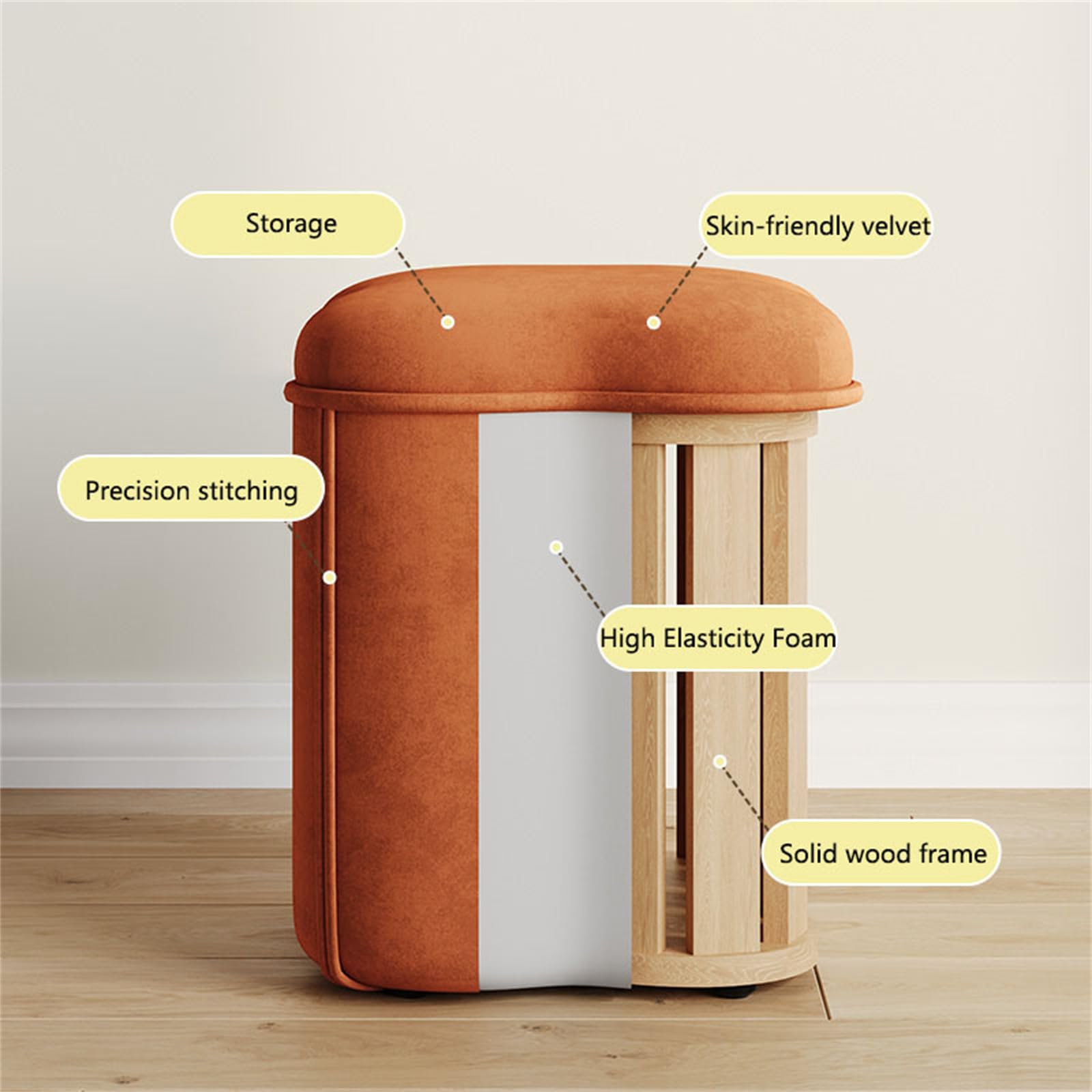 Otomana Redonda con Almacenamiento, reposapiés tapizado, Tapa extraíble, Asiento Acolchado para Dormitorio y Sala de Estar, 45 cm de diámetro.