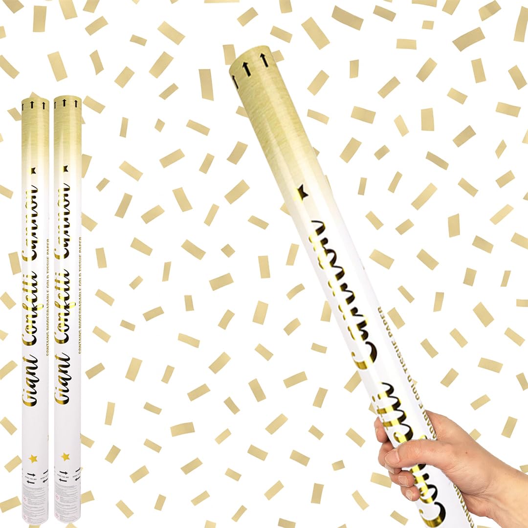 Gold Paper Biodegradable Extra Large Confetti Cannon 80cm β Pack of 2 β Party Poppers Environment Friendly Confetti Popper Shooter for Weddings, Parties, Celebrations & Events
