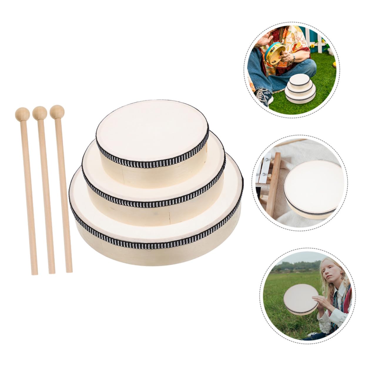SUPVOX Tamburello Musicale in Legno 3 Pezzi Set Hand Drum Percussione Facile da Tenere Design Rotondo per Performance ed Educazione Ragazzo Ragazza e Adulti