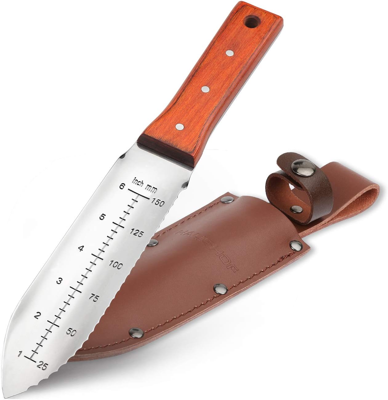 HAUSHOF Hori Hori Garden Knife 7โStainless Steel Serrated Blade with Cutting Edge, Gardening Tool with Leather Sheath for Weeding, Planting, Digging, Wood Handle with Hanging Hole