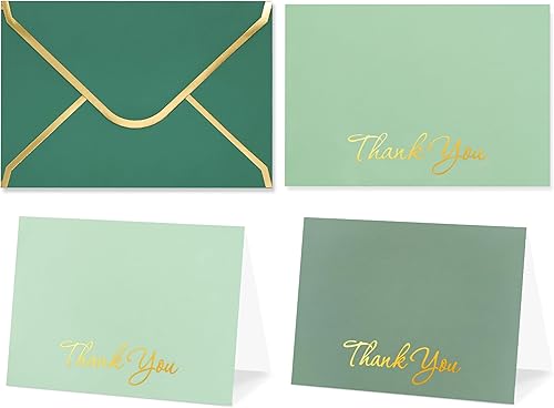 LANLISA 33 tarjetas de agradecimiento de color verde salvia con sobres, notas de agradecimiento doradas de 5.5 x 3.5 pulgadas, tarjetas de