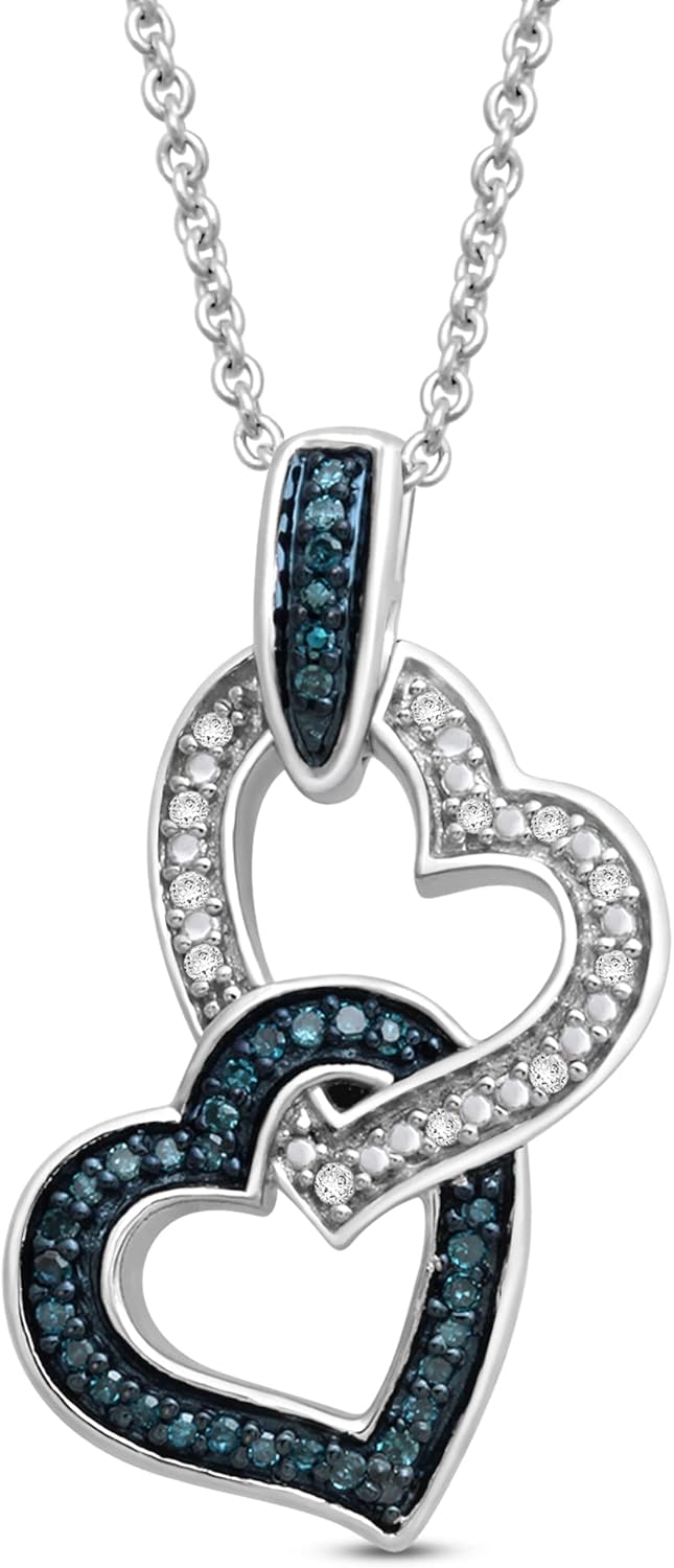 Jewelili Double Heart Necklace Pendant with Treated Blue or Black and Natural White Round Diamonds in Sterling Silver 1/6 CTTW 18 inch Cable Chain