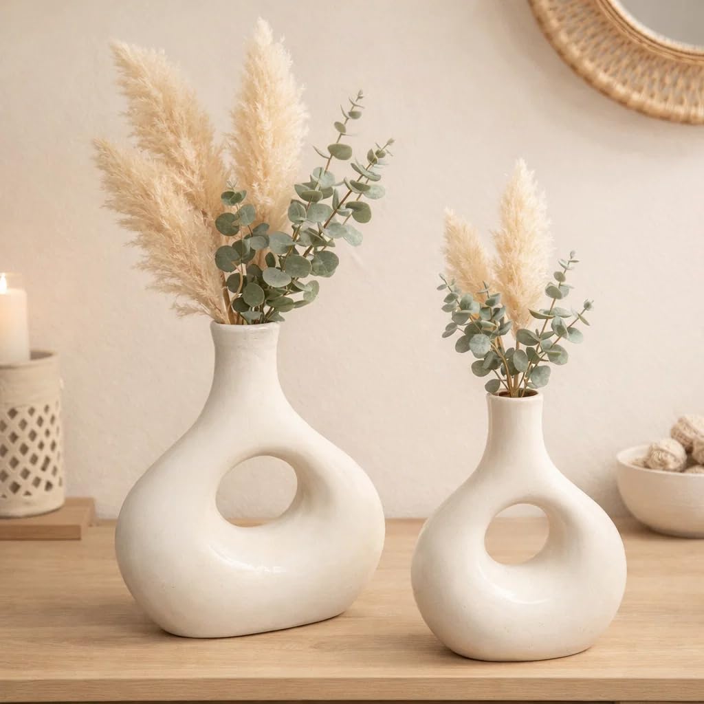 SPHINX Ceramic Donut Vase Set of 2 | Modern Hollow Decorative Flower Vases | Matte White Ceramic Vase for Pampas Grass, Dried Flowers & Artificial Flowers | Minimalist Home, Living Room & Table Decor