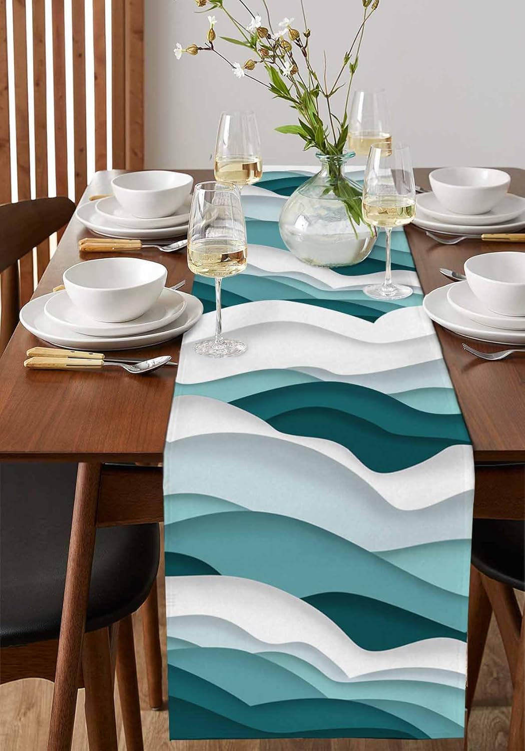 Linen Table Runner 13"x120" Long for Home Decor, Turquoise Ombre Abstract Geometric Ocean Wave Stripe Modern Pattern Dresser Scarf, Coffee Farmhouse Fireplace Dining Table Runners for Holiday/Daily